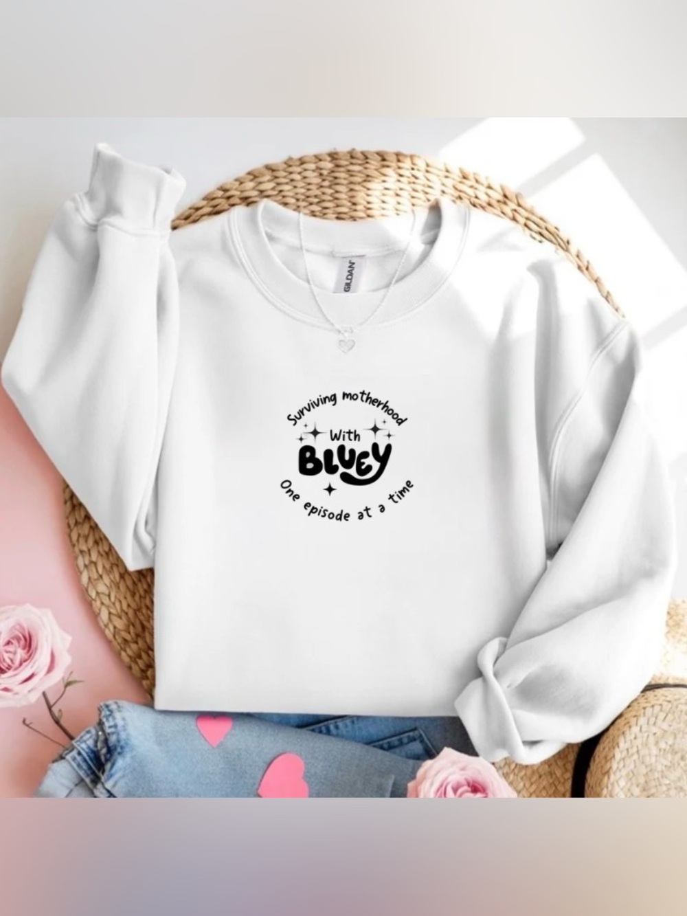 Bluey Mom White Crewneck Sweatshirt Motherhood Mama Cartoon Gift